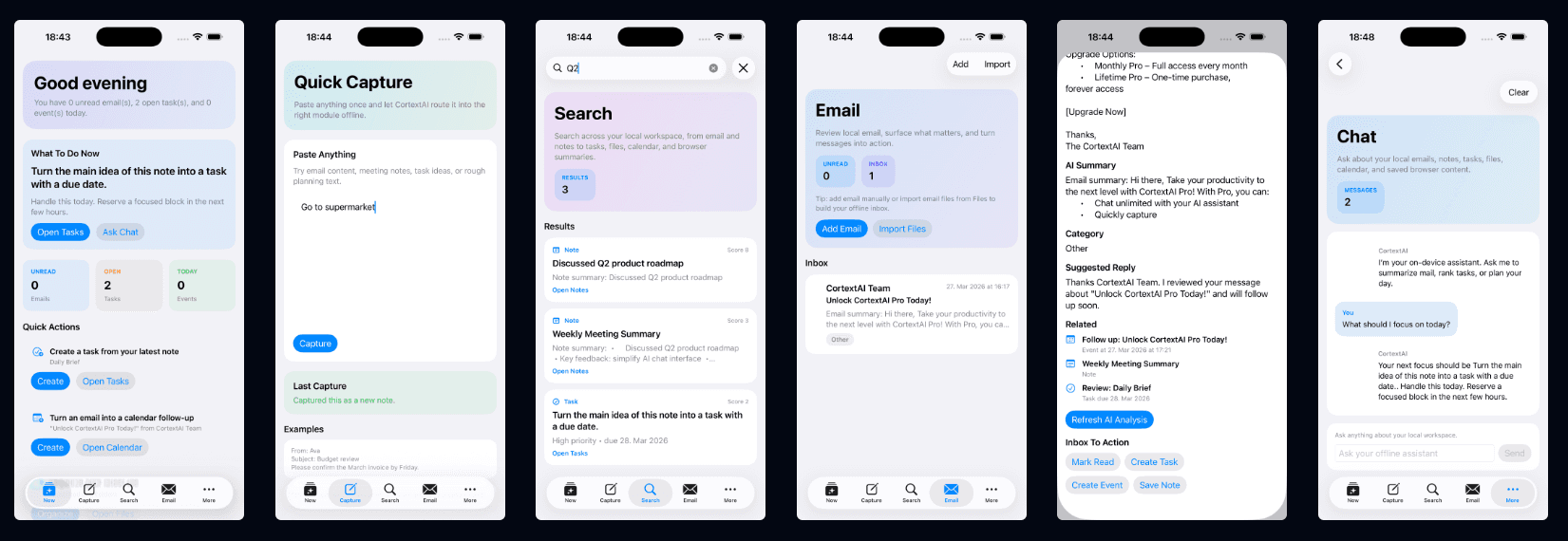 CortextAI - Private Offline AI Assistant Dashboard showing unified email, notes and tasks